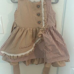 Girls Beige Tan Gingham Ruffle Dress with Heart Appliqué